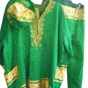 3pc men's African regal style ethnic pants set gold green large